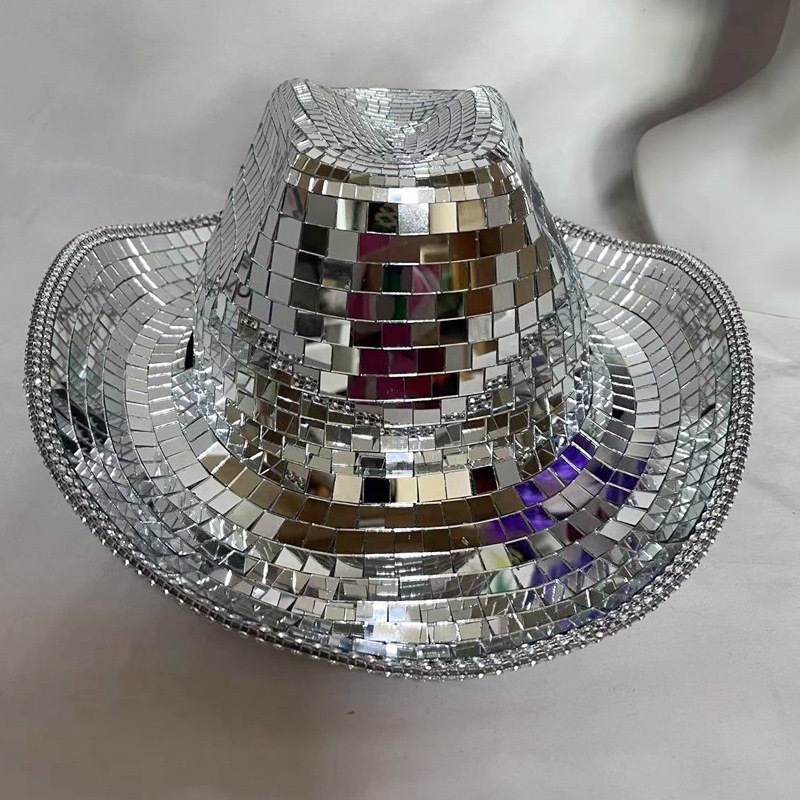 Disco espejo láser sombrero de vaquero fiesta fiesta de baile con lentejuelas sombrero occidental transfronterizo reflectante sombrero de rendimiento rosa plateado