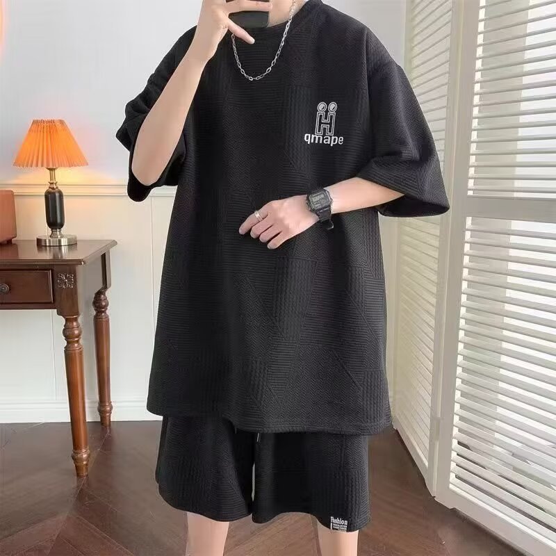 Camisa menos ropa waffle camiseta para hombre verano suelta talla grande adolescente pantalones cortos de manga corta traje deportivo casual