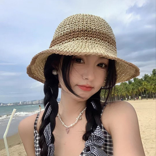 2024 New Model Grass Hat for Women Summer Beach Sand Beach Photo Hat Wide Brim Sunshade Sun Hat Weave Fisherman Hat