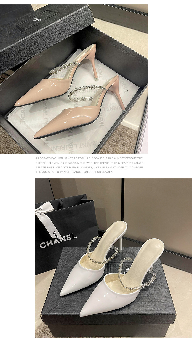 High-heeled toe slippers for women 2023 summer new style French rhinestone one-strap stiletto pointed toe patent leather half slippers_voghion.com