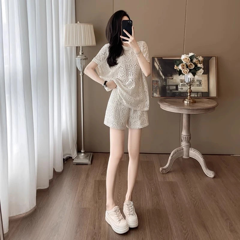 法式高级感蕾丝套装女2025夏季短袖短裤两件套睡衣女可外穿时尚|undefined