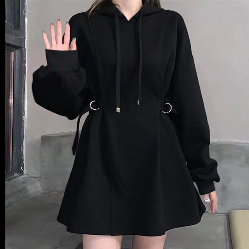 特大码200斤设计感卫衣裙女宽松慵懒风秋冬中长款炸街连帽卫衣潮