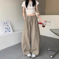 美式复古卡其色弯刀裤做旧牛仔裤女夏季显瘦百搭宽松阔腿裤长裤子