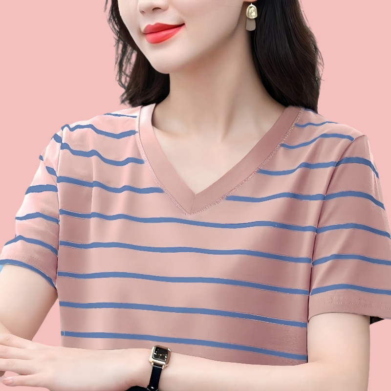 Mom's Summer Top Cotton Striped Short-sleeved T-shirt Women's Middle-aged and Elderly plus size Loose Western-style Inner T-shirt
