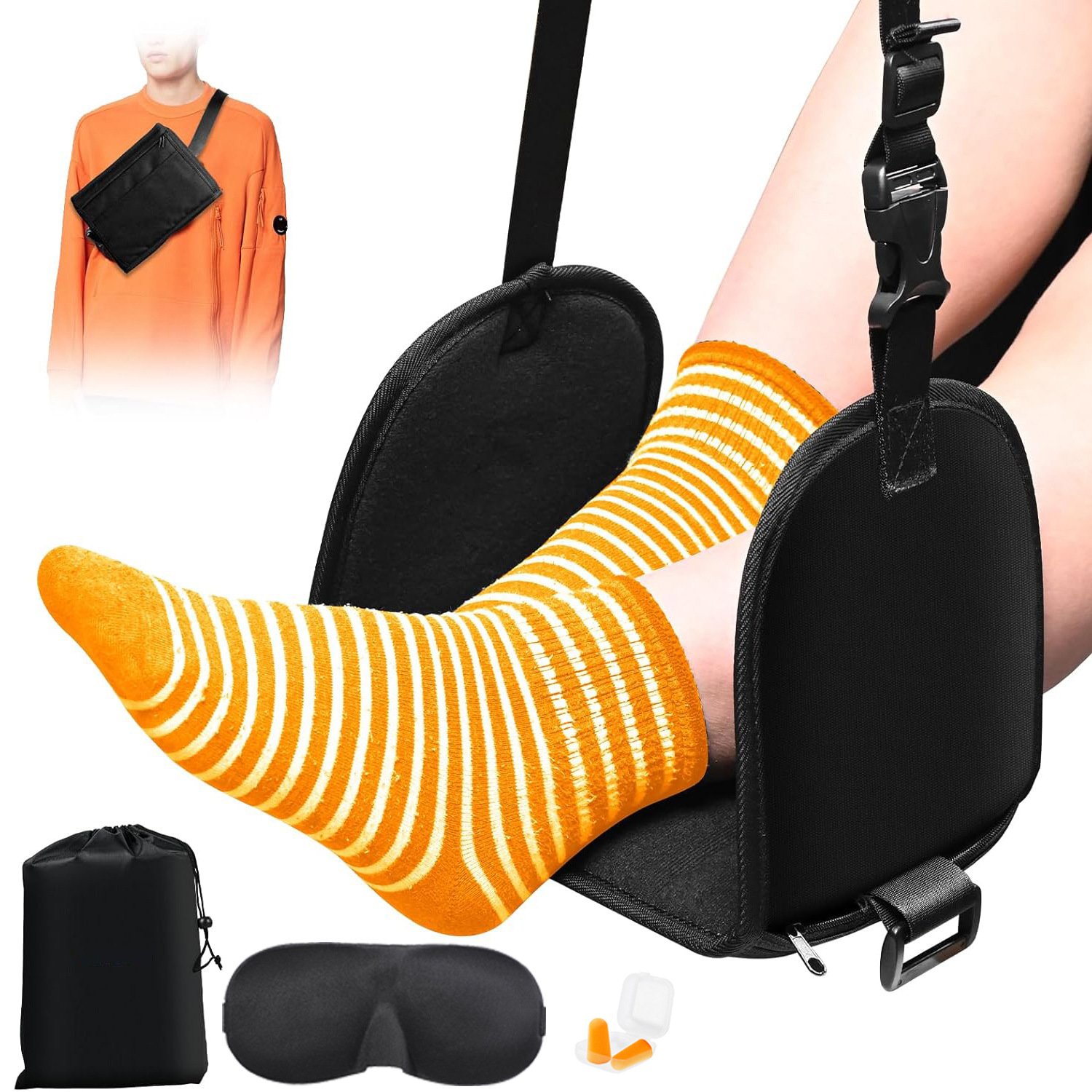 Waist bag black (56*16cm) with storage bag + eye mask and earplugs