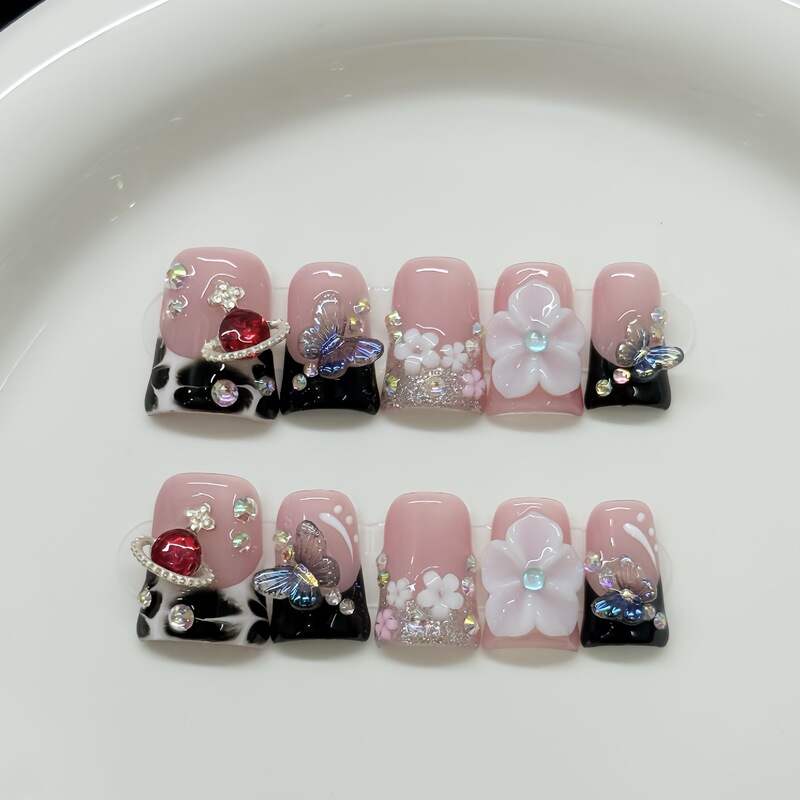 Planet Butterfly Dream Cross-Border European and American Handmade Wearable Nails 3D Carved Butterfly French False Nails Wholesale Nail Stickers