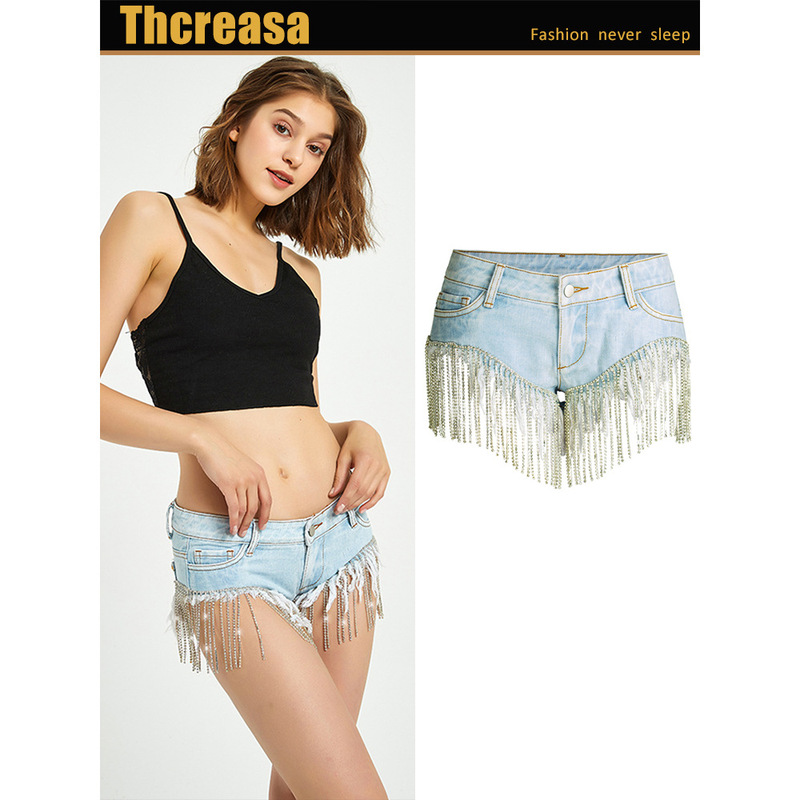 Electronic Bar Disco European and American Summer Nightclub Women's Pants Tassel a Diamond Chain Hip Lift Sexy Wide Leg Denim Shorts for Women