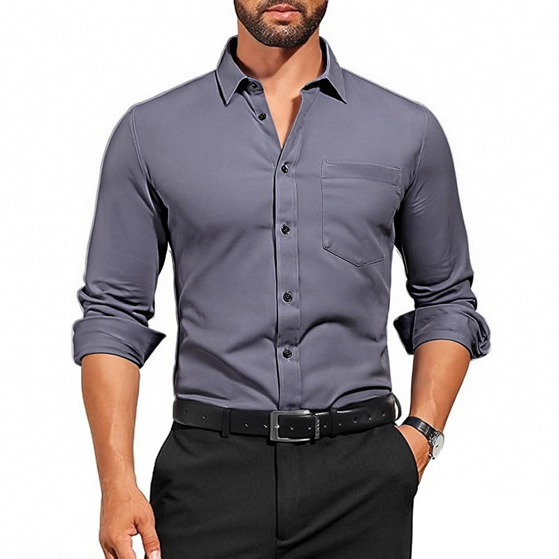 Camisa blanca de manga larga para hombre de primavera delgada de Amazon, transpirable elástico y antiarrugas, top profesional de negocios de color sólido para hombre