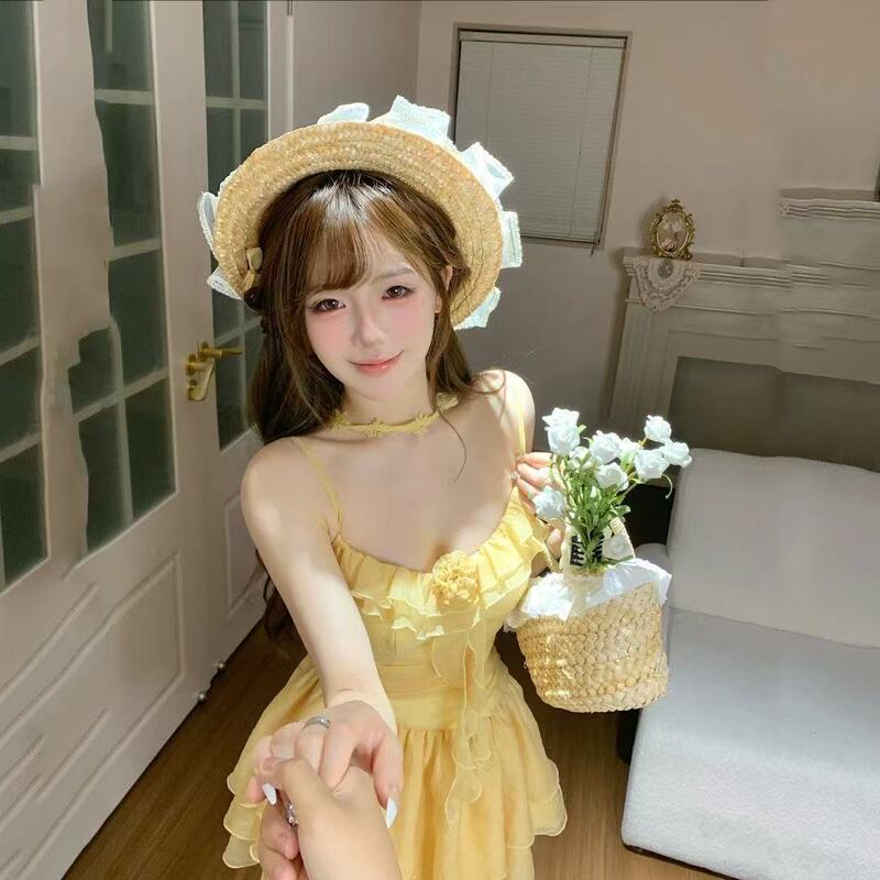 纯欲风甜美短裙夏季收腰显瘦小众设计感重工花朵不规则吊带连衣裙|undefined
