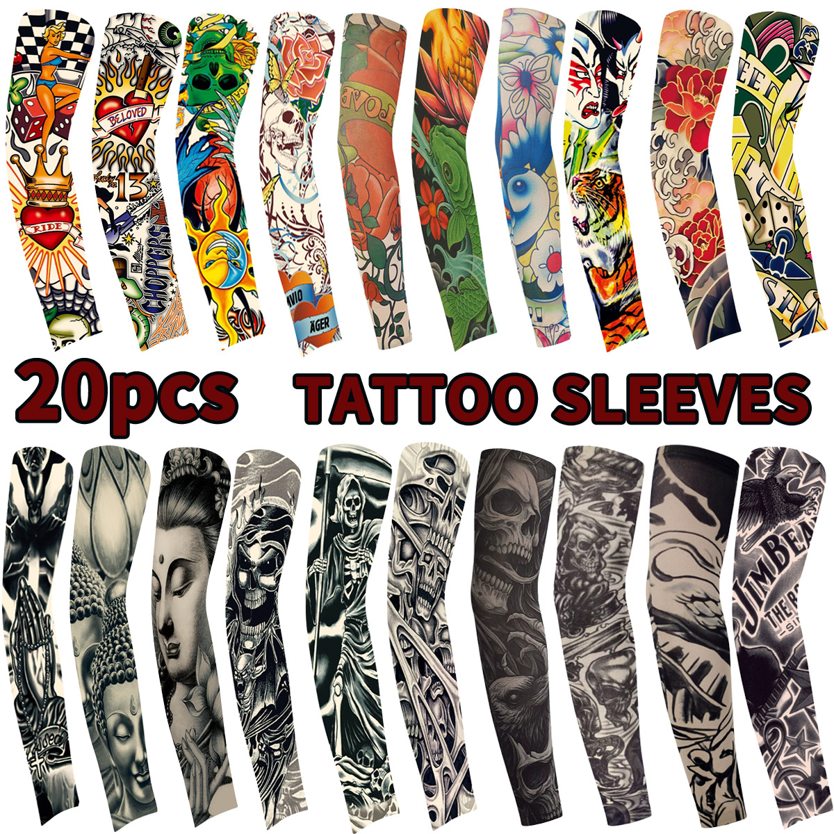 20-piece set of floral tattoo sleeve covers, seamless, for outdoor cycling and fishing, sun protection sleeves, high elasticity, printed sleeves