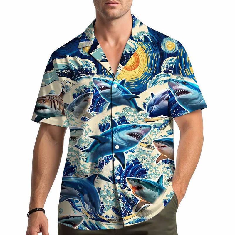 Japanese Ukiyo-e Wave Van Gogh Starry Sky Shark Full Print Cuban Collar Short Sleeve Shirt for Men Summer Trendy Cool Beachwear Japanese Ukiyo-e Wave Van Gogh Starry Sky Shark Full Print Cuban Collar Short Sleeve Shirt for Men Summer Trendy Cool Beachwear