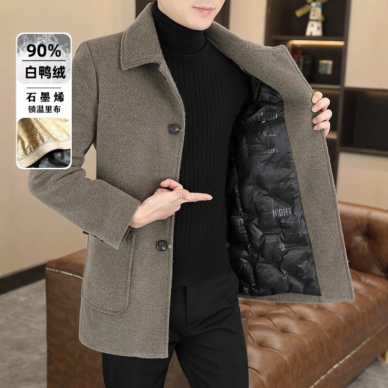 男士加棉时尚鸭绒中长款毛呢大衣冬季羽绒服潮流保暖呢子外套冬装