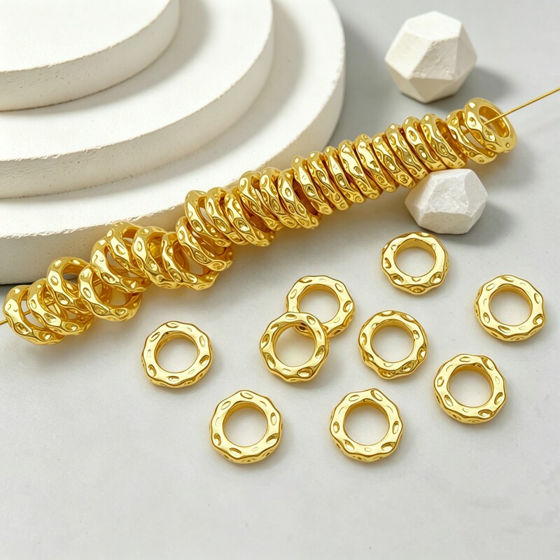 18K Gold-Plated High Color-Retention Hammered Texture Round Spacer Beads for Bracelets and DIY Jewelry Accessories