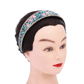 新款波西米亚民族风米珠发箍宽边几何布料手工发饰新疆写真配饰