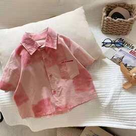 夏季新款男童短袖花衬衫韩版儿童扎染衬衣中小童薄款翻领开衫上衣