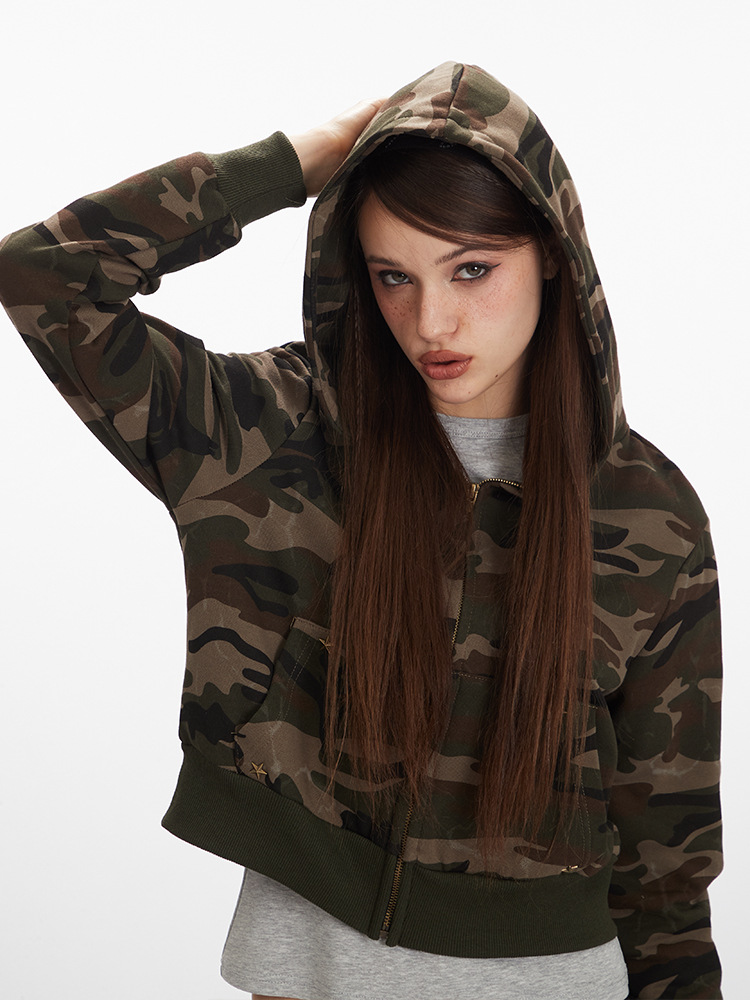 つるヘンリーアメリカン迷彩ショートギャルフード付きパーカーレディース2025春秋ジッパーレトロカーディガンコート