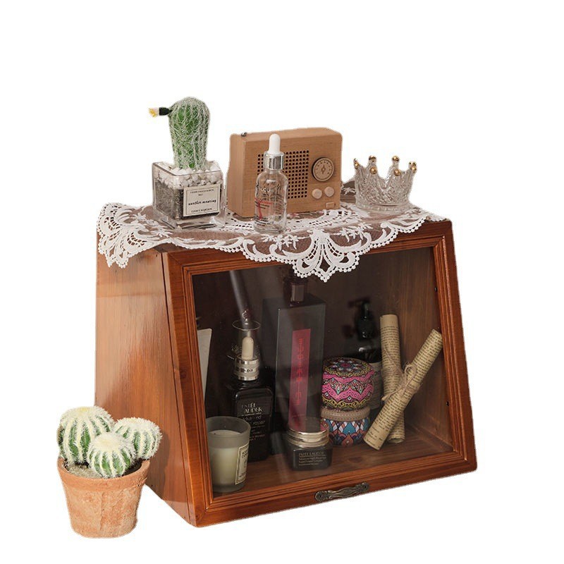 Caja de almacenamiento de escritorio de madera caja de almacenamiento retro multifuncional gabinete de almacenamiento de cosméticos de madera juego de té taza de té tazón caja de madera