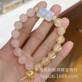 直播供货粉色金箔琉璃手链盐源玛瑙手串男女情侣款粉金箔手串批发
