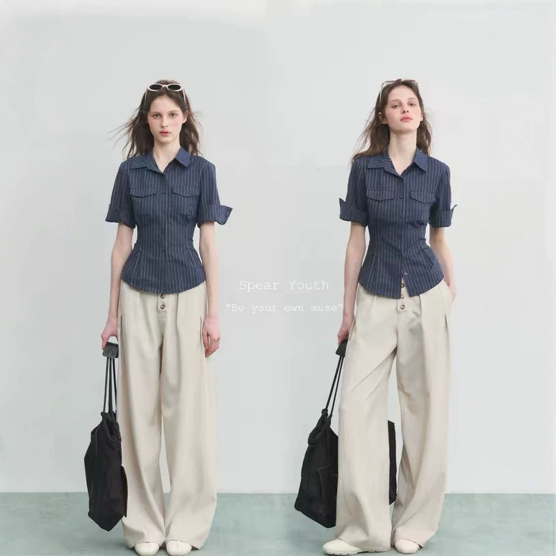 Spear Youth "I Miss It" Linen Striped Short-Sleeve T-Shirt Shirt with Tie-Waist Commuting Top