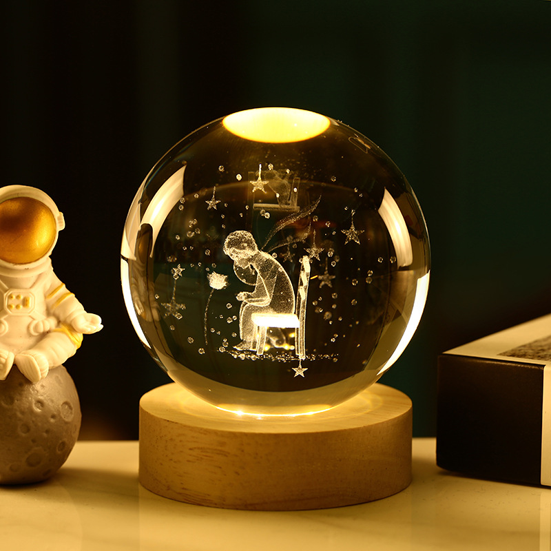 Bola de cristal 3D de la Vía Láctea — grabado interno luminoso con base de madera, luz nocturna decorativa creativa