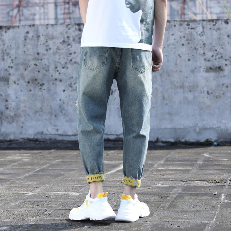 Jeans Slightly Fat Wear Plus Size Summer Thin Perforated Harlan Pippy and Handsome Trendy Cropped Pants Men's_voghion.com