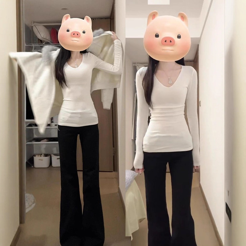 Korean Style White V-Neck Top Long-Sleeved T-Shirt for Women in Spring, Autumn and Winter Slimming Look and High-End German Velvet Inner Layering Shirt Trendy