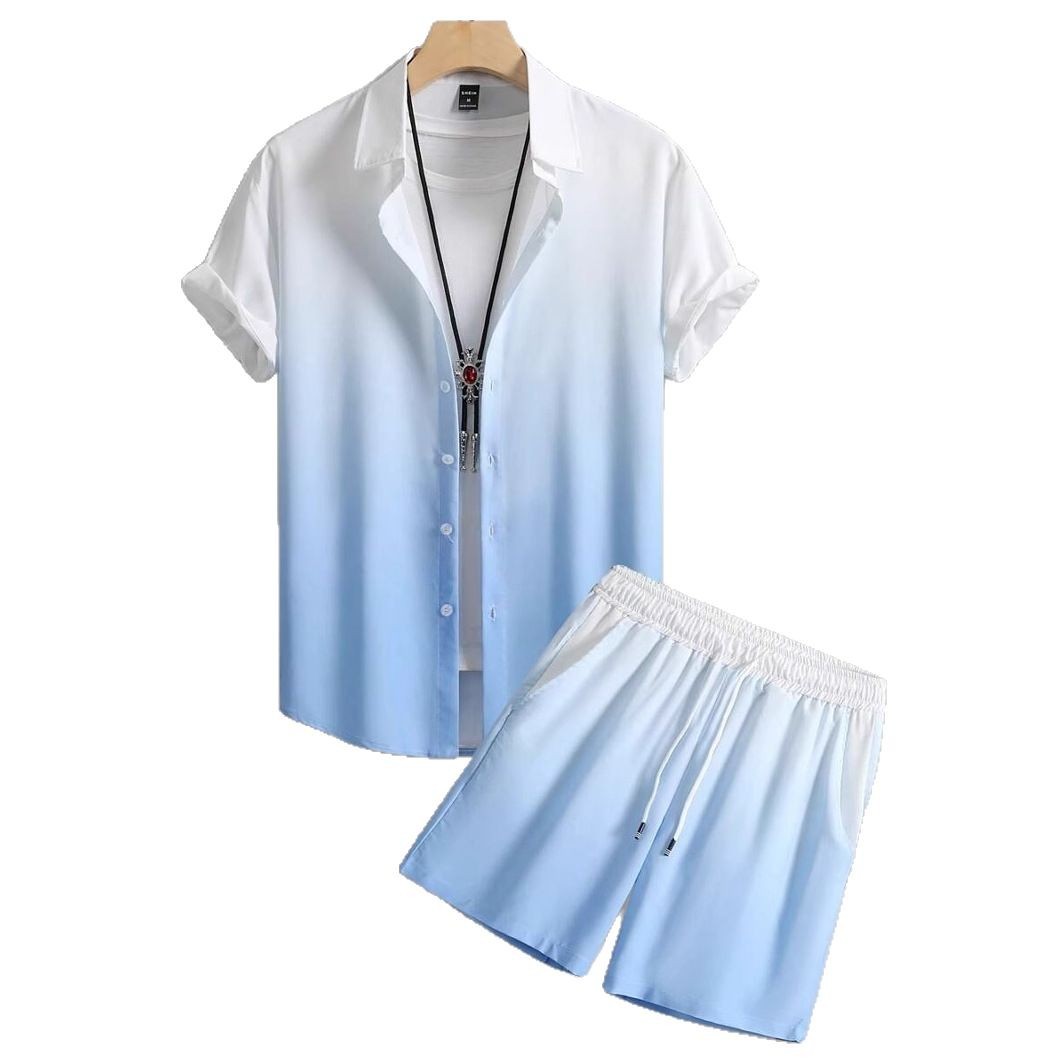 Venta caliente color degradado impresión 3D spot transfronterizo Xiyin verano hawaii vacaciones camisa pantalones cortos conjunto 2 piezas