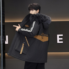 抖音款 时尚中长款大毛领棉服男 冬季新款青少年修身保暖棉衣外套