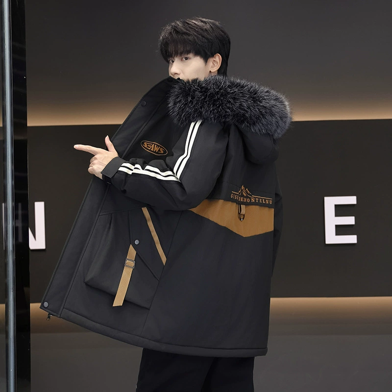 Стильный стильный средний длинный большой шерстяной воротник хлопчатобумажный костюм мужской зимний новый подросток тонкая теплая хлопчатобумажная куртка