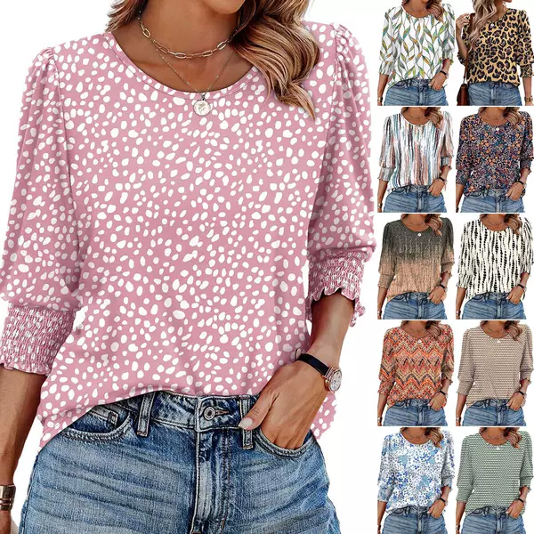 25 Colors Cross-Border European and American Clothing Amazon 2025 Autum Loose Casual Printed Three-Quarter Sleeve Round Neck T-Shirt Top