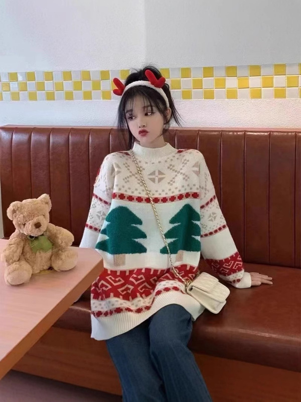 怠惰な風のクリスマス感のデザインの小さな丸首の女性の長袖の甘いニットのセーターはニットの上着を着ることができます。|undefined