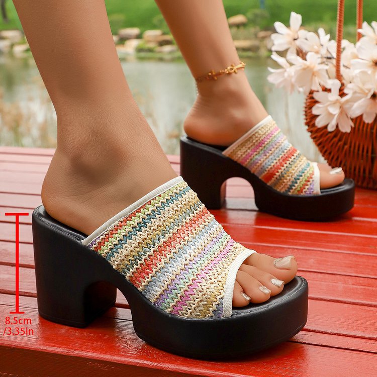 Foreign Trade Large Size Ultra-High Heel Sandals in Stock, New Spring and Summer Fashion Thick-Soled Rainbow-Colored Woven Sandals