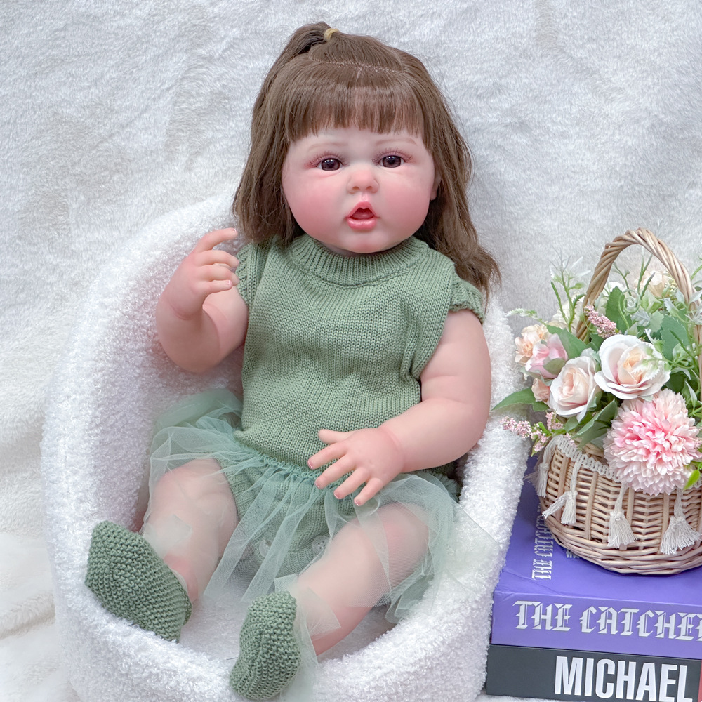 Suéter verde de 55 cm de pelo largo marrón