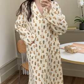 韩国ins女士秋季新品甜妹小熊棉纱宽松长袖连衣裙家居服睡裙批发