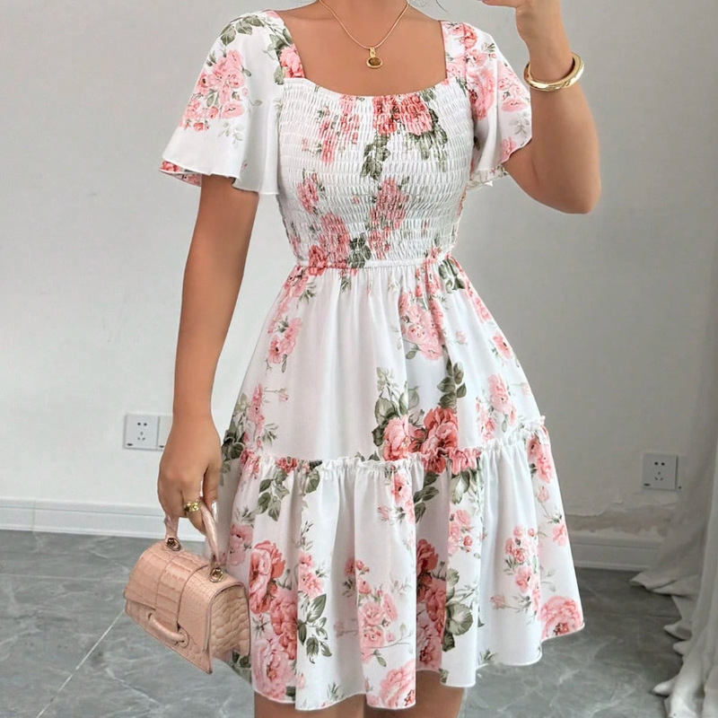 Foreign Trade European and American Style Classic Bohemian Print Cold Shoulder Pleated Short-Sleeved Dress Summer