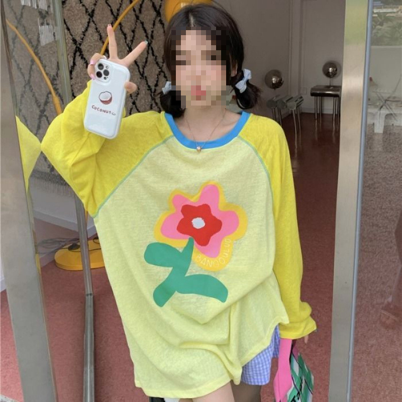 冰丝防晒衣女长袖2025夏季薄款宽松插肩t恤卡通印花撞色空调罩衫