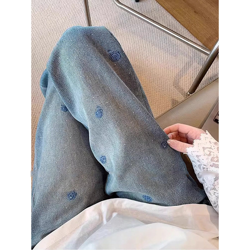 Quần jeans nữ ống rộng lưng cao dài chạm đất thêu đính đá pha lê chất denim co giãn — Màu xanh chín điểm, quần xanh
