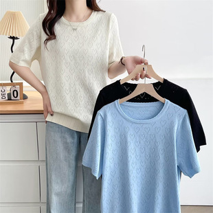 2025 Summer Large Size Cut Out Knitwear Short-Sleeved Women's Versatile Elegant Simple T-Shirt Fat Girl Top Thin 1401