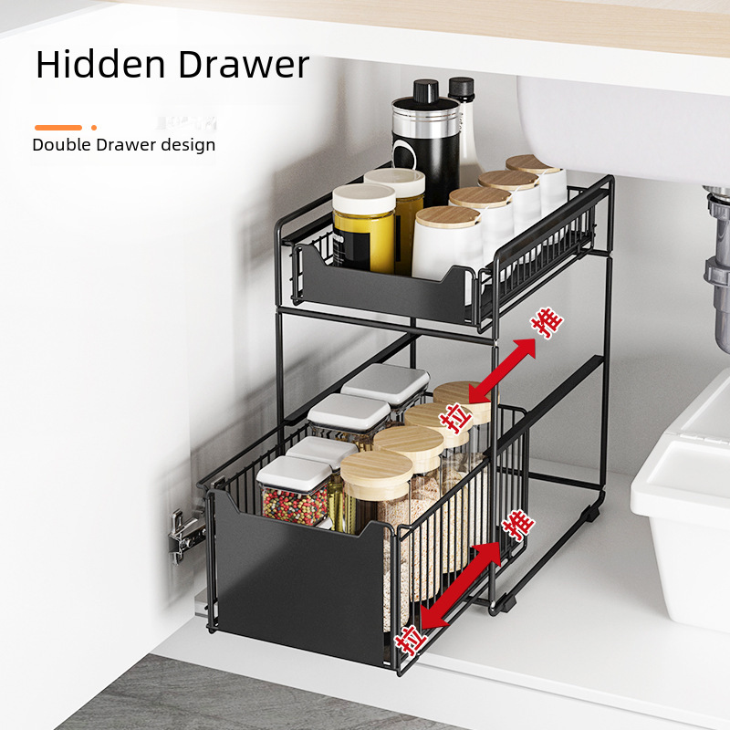Kitchen disassembly model, burnt black under-sink storage rack, pull-out multi-layer condiment bottle kitchen utensil shelf