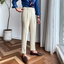 秋季那不勒斯西裤男士修身小脚裤高腰商务纯色直筒休闲长裤子意式