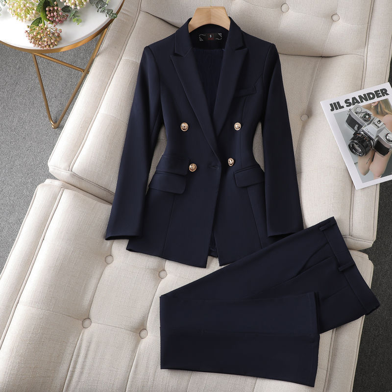 高级感藏青色西装套装女工作服2024春秋新款职业修身显瘦西服外套