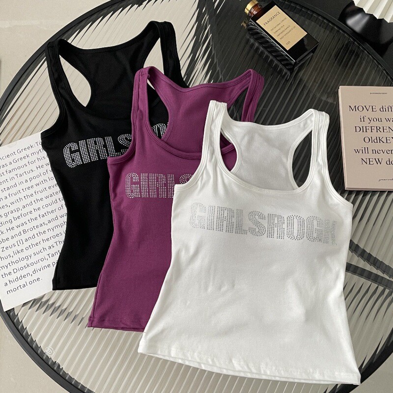 Trendy Spaghetti Strap Shiny Letter Rhinestone Tank Top with Chest Pad Slim Fit Base Layer for Women