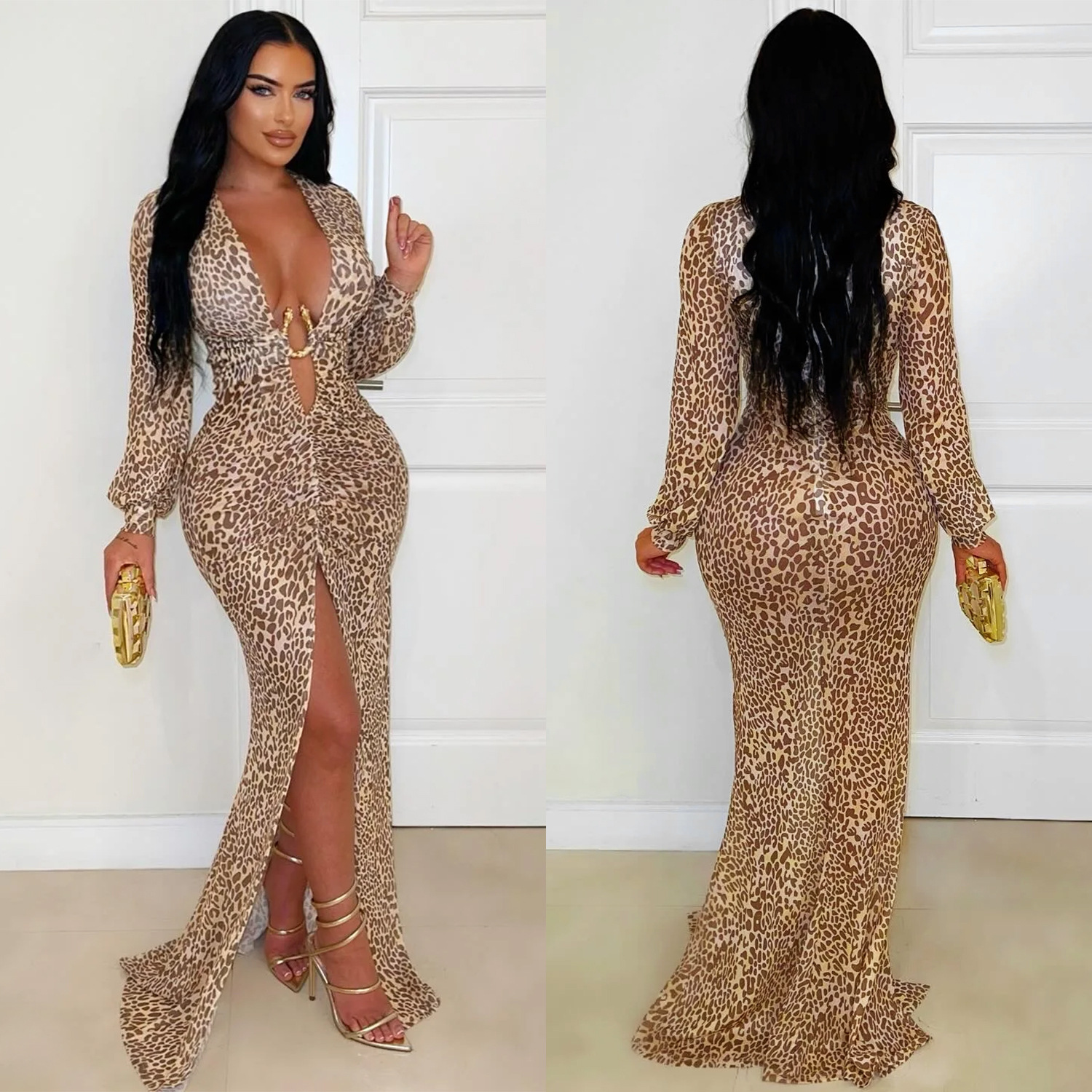 C7571 Aliexpress transfronterizo amazon ropa de moda europea y americana sexy V profunda vestido de brazo bifurcado de leopardo nuevo image 1