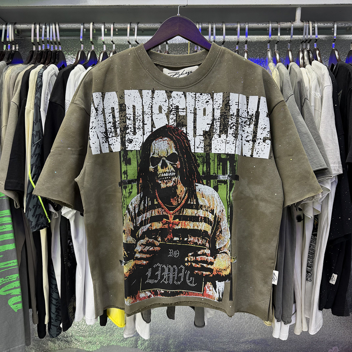 Transfronterizo nueva venta en caliente BKS camiseta de manga corta extraña esqueleto retro lavado de agua caliente perforación en caliente para hombres y mujeres de moda en stock lotes