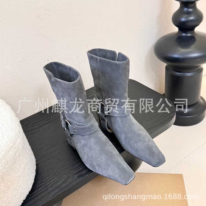 高端小众2025秋冬麂皮方头复古低跟皮带扣翻折两穿百搭中筒骑士靴|undefined