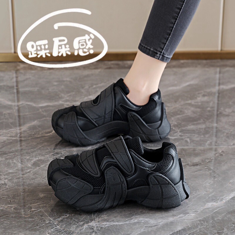 Women's Velcro Black Dad Shoes 2025 New Autumn Popular Thick-Soled Height-Increasing Casual Sneakers for Petite Women