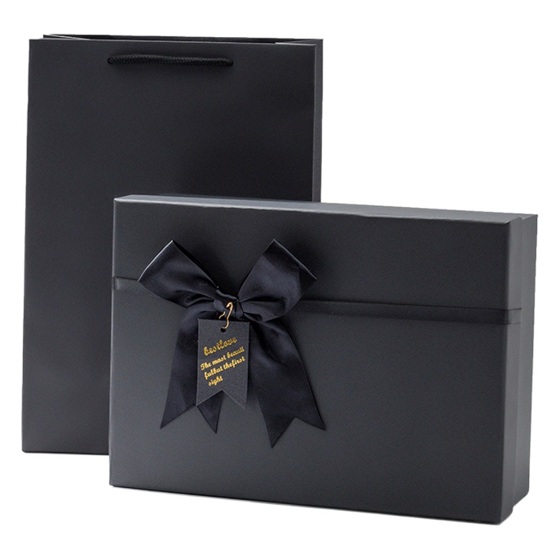 En stock caja de regalo negra al por mayor caja de regalo de arco rectangular tapa grande con caja de regalo de mano