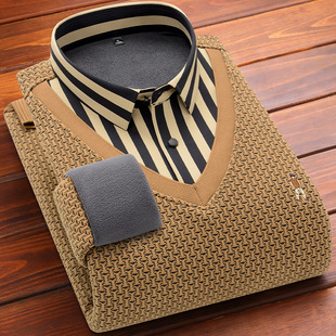 Autumn and winter men's fleece-lined thickened fake two-piece striped shirt collar pullover warm sweater bottoming sweater