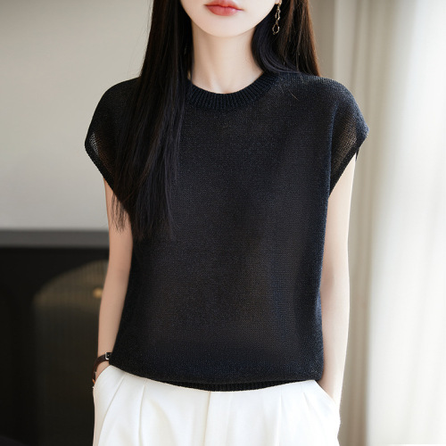 Women's Solid Color Thin Ice Silk Crew Neck Knit Backless Top for Spring and Summer