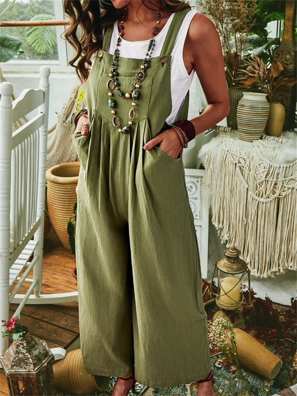 2024 deseo de las mujeres Amazon eBay engrosada algodón lino color sólido sin mangas bolsillo casual pierna ancha hebilla lateral mono